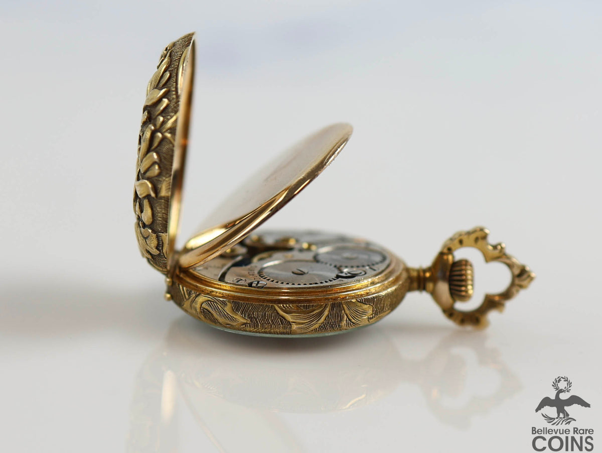 Vintage A. Stowell & Co. 14k Yellow Gold Floral Open Face Pocket Watch